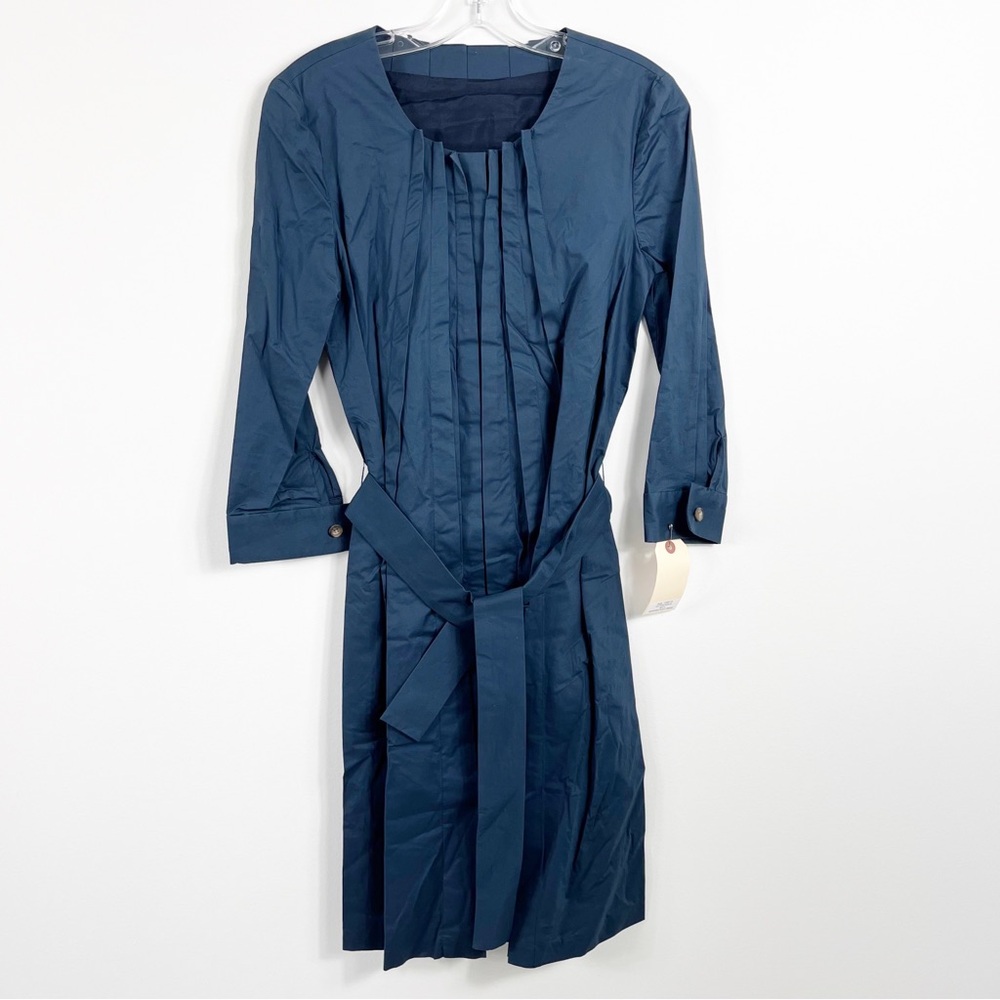 Thakoon Cotton Poplin Inverted Pleated Tie Waist Mini Dress Size 4 Navy Blue - Picture 5 of 10